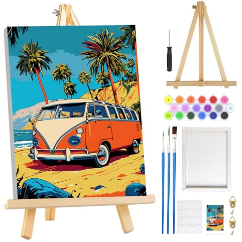 MOGTAA Pintura de autobús por números para adultos principiantes con marco, pintura de paisaje de playa por números para adultos con caballete, kits de pintura al óleo para decoración del hogar, 8 x