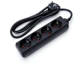 Steckdosenleiste, schwarz, 4 Steckdosen ohne Schalter, 1,5 m, Kabel H05VV-F 3G1,5 mm², 3680 W, Kinderschutz, Schuko-Stecker, 16 A, 250 V~