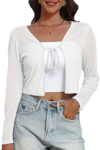 PrinStory Ladies Shrugs Long Sleeves Summer Cardigan For Women Open Front Crop Top Soft Tie Front Lightweight Bolero Outwear (Snow,XS)