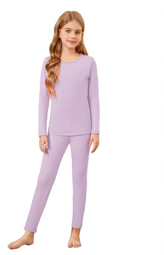 Arshiner Girls Thermal Underwear Set Children's Purple Fleece Thin Base Layers Winter Warm Long Sleeve Shirts and leggings 11-12 Years