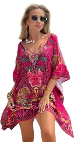 Trillion London Abito Maxi Caftano da Donna in Viscosa e Cotone per la Spiaggia | Copricostume per Bikini e Costume da Bagno | Abbigliamento da Svago per le Vacanze | Taglie UK 6-14, Rosa leopardato