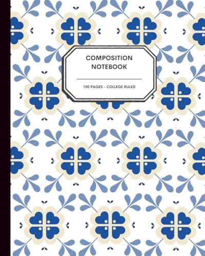 Scandinavian Floral Pattern Notebook – 8x10” – 100 College Ruled Pages – Traditional Nordic Blue & Cream Journal for Writing, School & Everyday Notes