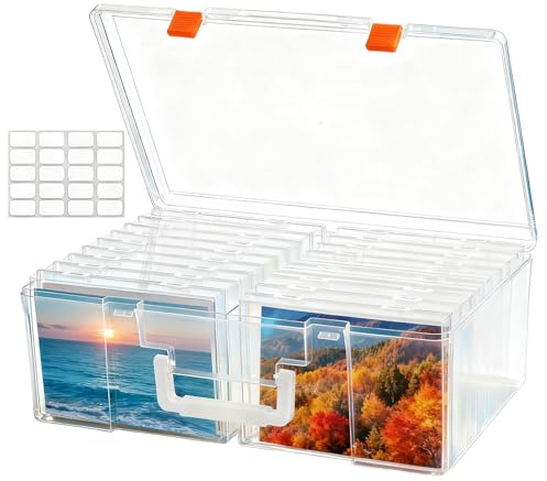 NINU Photo Storage Box with Handle, 5 x 7 Photo Organizer Storage Container with 18 Inner Case and 1 Sheet Blank Labels for Pictures, Arts, Crafts, Sewing, Seeds, Office Supplies (Clear)