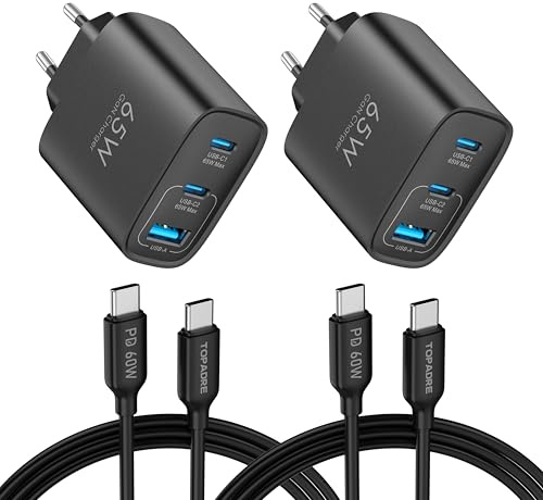 TOPADRE Chargeur USB C 65W, 2 pièces Chargeur Rapide avec 2 câbles 60W (2m) | 65W Chargeur Rapide USB C pour MacBook Pro/Air, pour iPad Air, pour iPhone 17/16/15 Pro Max, pour Galaxy S25/S24/S23. Noir