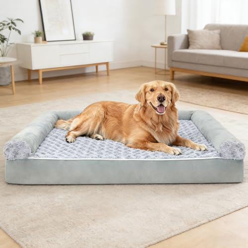 DONWEI Large Orthopedic Dog Bed, XL Dog Bed Sofa, Memory Egg Foam Pet Beds with Removable, Non-Slip Bottom, Waterproof Couch with U-Shape Bolster for Senior Dogs, 107×76×18 cm, Grey