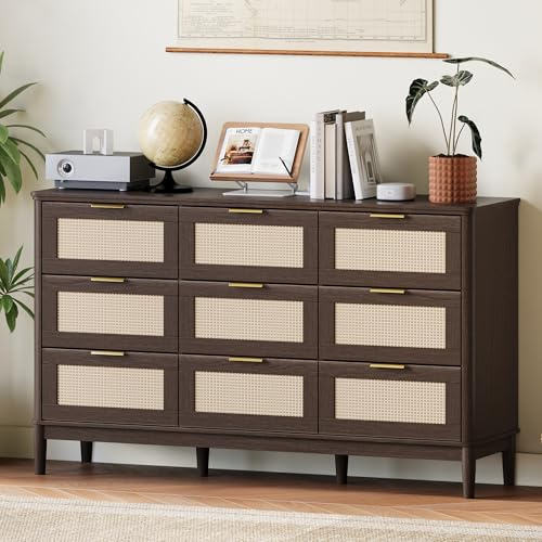 LINSY Rattan 9 Drawer Dresser for Bedroom, 58 Wide Mid-Century Modern Tall Chest of Drawers, Deep Storage Dresser with Curved Corner Design, Large Accent Wood Cabinet for Bedroom, Walnut
