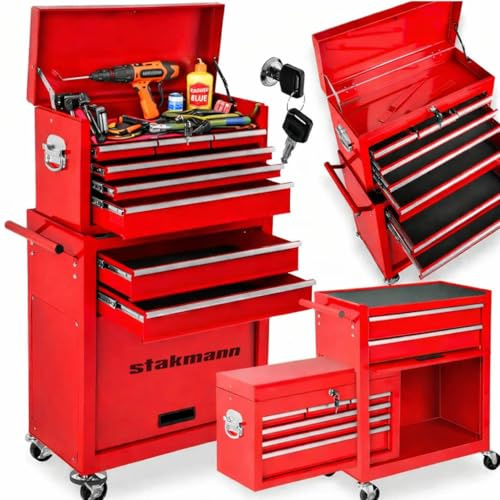 Stakmann Carrello Portautensili 2in1 con 8 Cassetti e 1 Sportello, Carrellino in Acciaio per Attrezzi Multiuso, Armadietto Staccabile con Ruote, Ideale per Officine, Garage, Fai da Te 68 × 33 × 108 cm
