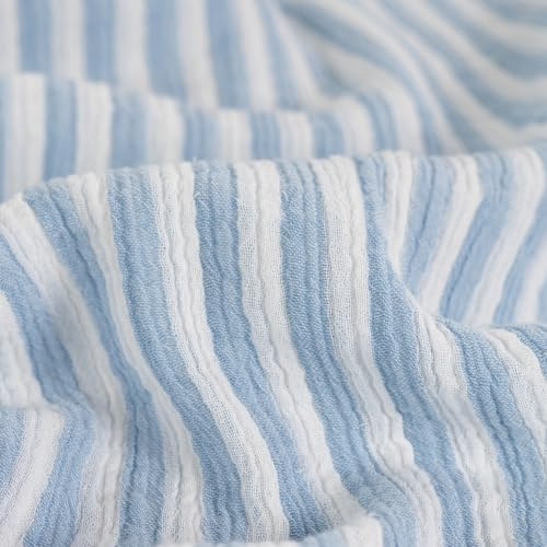 LEINEN LODGE STILVOLLE STOFFE ALLER ART Musselin Bedruckt Streifen - Krepp Stoff Meterware gestreift - Double Gaze - Kreppstoff Baumwolle Mulltuch *ab 50 cm, Farbe: 002 hellblau
