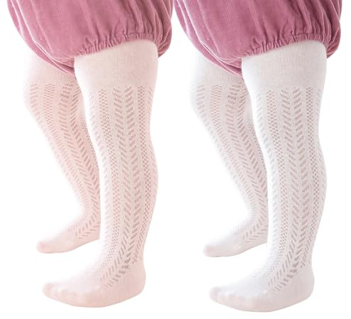 Miipat Collants pour Bébés Filles, Lot de 2 Collants à Motifs Ajourés Résille Fantaisie Enfants Élastiques Doux pour L'école La Danse ou Les Fêtes(Aiguillepin Blancrose,4-6Ans)