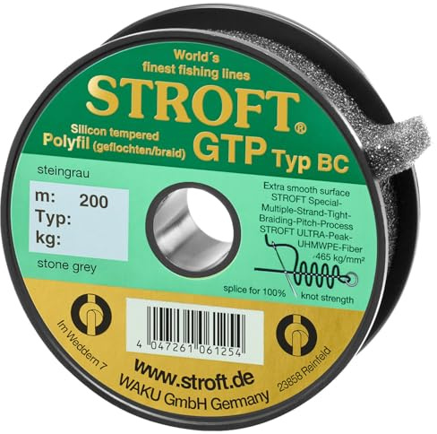 Stroft GTP Typ BC Baitcaster Schnur geflochten grau – Angelschnur 0,13–0,30 mm, 4,5–20 kg Tragkraft, PE Schnur, 8-Fach, rund & Abriebfest, Braid für Baitcast Rolle 100–2000 m