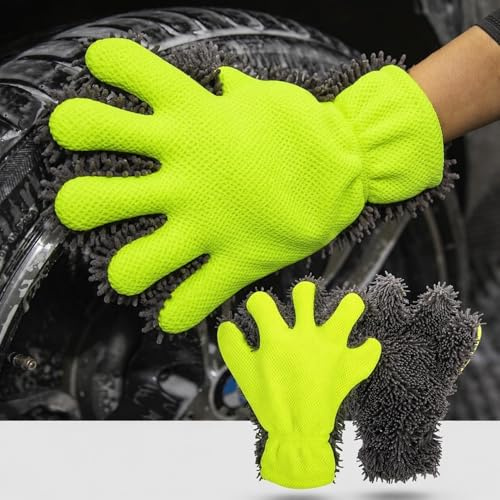 LKHYUKU Guanti Lavaggio Auto, Guanto Lavaggio Moto, Per Detailing – 2 Pezzi 5 Dita Microfibra Chenille Forte Assorbimento & Anti Graffio | Guanti Pulizia Autoveicolo Moto Camion Ruote Esterno