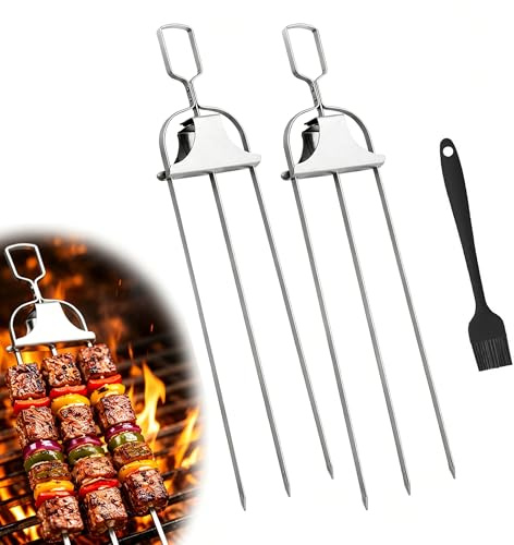 Grillspett, rostfritt stål BBQ kabobpinnar med tryckreglage, återanvändbara platta metallspett för kött, räkor, kyckling - set med 2
