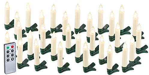 Lunartec Lichterkette ohne Kabel: 30er-Set LED-Weihnachtsbaum-Kerzen mit IR-Fernbedienung, Timer, weiß (Lichterkette Weihnachtsbaum, Christbaumbeleuchtung ohne Kabel, Christbaum kabellos)