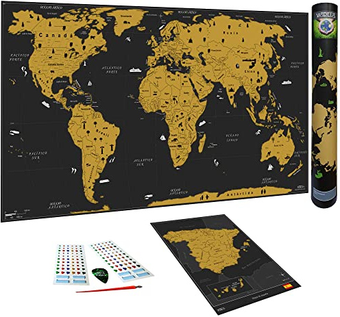 WIDETA Weltkarte zum Rubbeln in Spanisch/Poster XXL (82 x 43 cm), Bonus spanische karte und Zubehöre