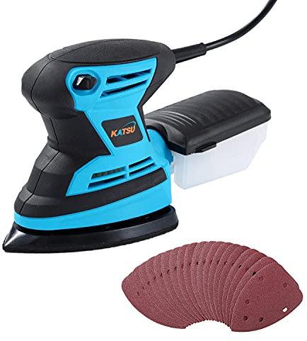 Ponceuse Vibrante 200W KATSU 15500RPM Ponceuse de Détail électrique avec Système de Dépoussiérage et 20 Pièces Papiers Abrasif, pour Le Ponçage, Le Polissage 100174