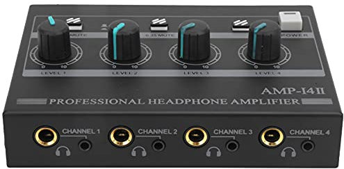 Amplificateur de Casque 4 Canaux en Ferroalliage Séparateur D'écouteurs Amplificateur Mono/stéréo Ensemble de Moniteurs AMP‑i4Ⅱ avec Tapis Antidérapant en Bas (100‑240 V)(EU Plug)