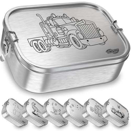 TAKWAY Edelstahl Brotdose mit Fächern 800ml – Auslaufsichere Lunchbox für Kinder & Erwachsene, Bento Box mit flexibler Unterteilung, für Kindergarten, Schule & unterwegs (Truck, 3-Fächer)