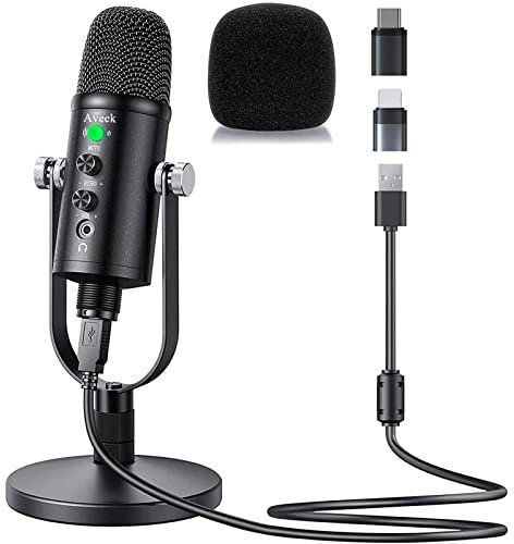 Aveek USB Microphone, Microphone à Condensateur pour Téléphone, Mac, Ordinateur, PS4 et PS5,avec Muet, Écho, Réduction du Bruit, Contrôle du Volume pour Podcast, Enregistrement, Chant, ASMR