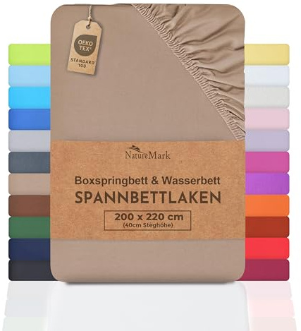NatureMark Basic Boxspringbett & Wasserbett Spannbettlaken 200 x 220 cm - 40 cm Steghöhe - 200x220cm Spannbetttuch - 100% Baumwolle, Sand/Beige