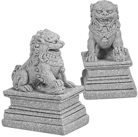 Holibanna Ornements Lions Chinois en Grès - 2 Pièces Décoration Feng Shui pour Maison Bureau Jardin - Sculpture Miniature en Pierre - Décoration Chinoise Traditionnelle