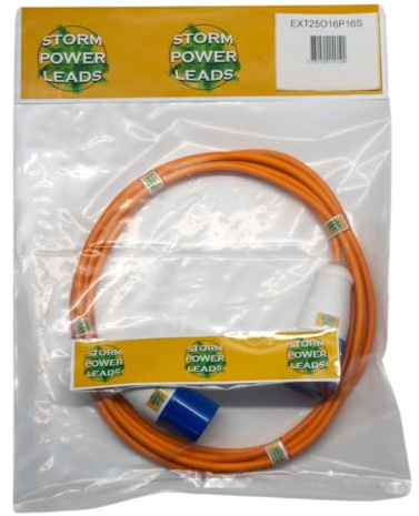STORM POWER LEADS 16 AMP ORANGE HI-VIS ELECTRIC CARAVAN HOOK UP EXTENSION LEAD 5M - 25M 240V MAINS CABLE (25M)