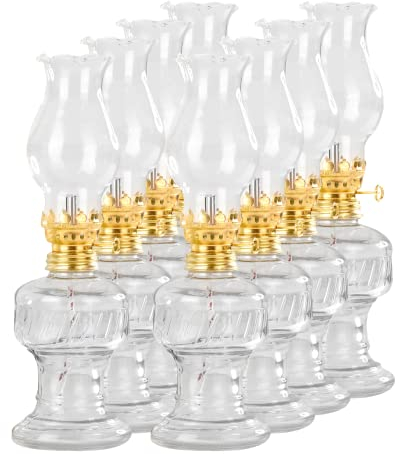 8x Öllampe aus Glas mit goldener Drehfassung 21 cm | Petroleumlampe mit Baumwolldocht | Perfekt für die Ideale Hochzeit | Oil lamps perfect for the Wedding day