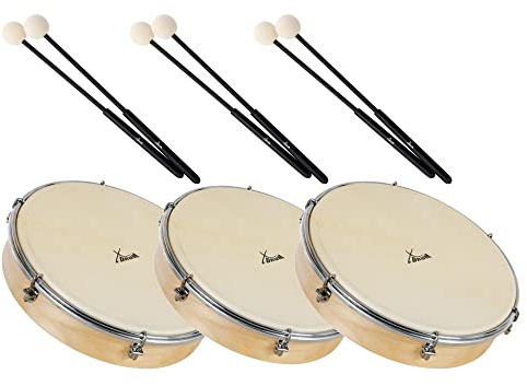 XDrum HTM-12S 12 Handtrommel mit Schlägel 3x Set, Durchmesser: 12 (30 | 5 cm), Robustes Polyesterfell, Holzrahmen aus Ahorn, 6 Spannhaken zum Stimmen der Trommel, Ergonomischer Griff, Höhe: 6 cm