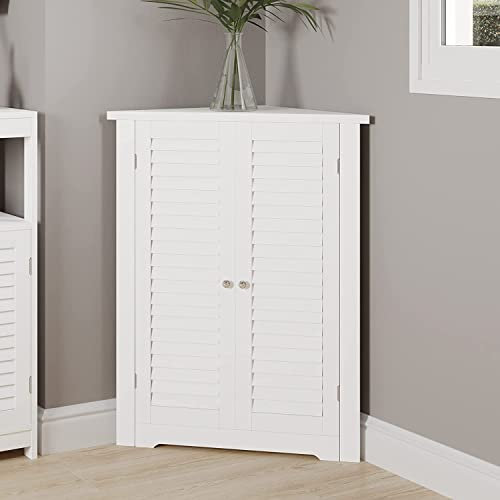 White Wooden Triangle Free Floor Standing Kitchen Bathroom Space Saving Cabinet Shelf With Shutter Doors Single Door, Adjustable Shelf, for Living Room, Kitchen, Entryway, White