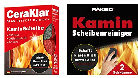 abrazo CeraKlar KaminScheibe, 2x Kaminscheibenreiniger-Schwamm kratzfrei & RAKSO Glas-Reiniger für Kamin-Scheiben Ofenglasreiniger Schwamm Kaminreiniger Kamin-Ofen und Kaminscheibenreiniger 2 St