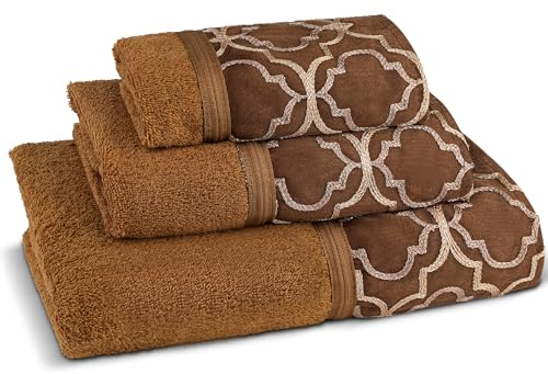 Zahari Home Spindle Modern Bathroom Towel Set - 3 Piece Bath, Hand, and Wash Towels - Classic Luxury Contemporary Decor - Beautiful Gold Unique Design Bath Ensemble