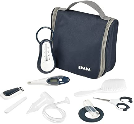 BEABA Neceser Bebé, Set de Cuidado Recien Nacido, 9 accesorios, Termómetro de baño + Termómetro digital + Aro de dentición + Masajeador de encías, Night blue