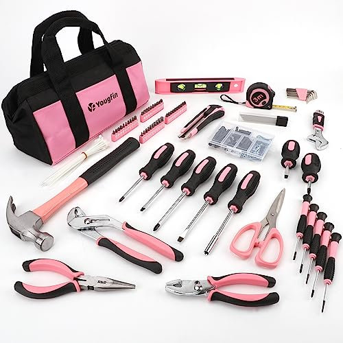 Yougfin Pinkes Werkzeug-Set, 215-teilig, für Damen und Mädchen, mit tragbaren Taschen, enthält alle wichtigen Dinge für Zuhause, Garage, Büro und Studentenwohnheim, Rosa und Schwarz