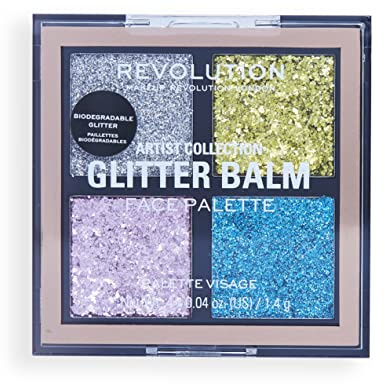 Makeup Revolution London, Artist Collection, Glitter Balm Palette, Gel-Formel, funkelndes Finish, 4 reflektierende Farbtöne, 4 x 1,4g