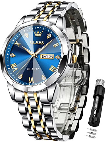 OLEVS Uhren Herren Diamant Business Kleid Analog Quarz Edelstahl Wasserdicht Leuchtdatum Zweifarbig Luxus Casual Armbanduhr Geschenke für Männer