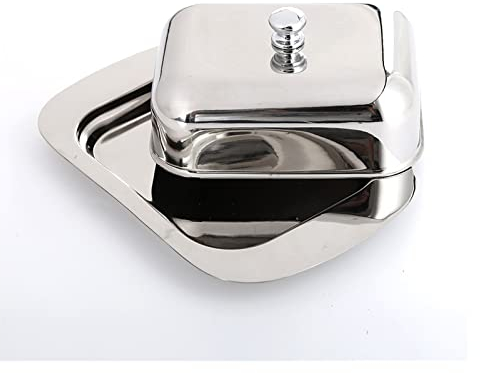MORYEN Mantequera de acero inoxidable con tapa fácil de sostener y bandeja de almacenamiento para servidor de queso brillante