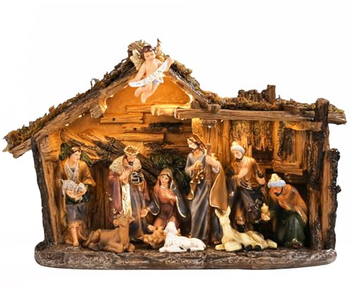 Chonsun Christmas Nativity Set 9.5 Inch Village with LED Lights Figurine Nativity Music 3AA Batteries Interior Display Figurines Decorate Interior Room Tabletop Decor