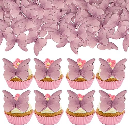 Gyufise 48Pcs Edible Butterfly Cake Decorations Butterfly Cupcake Topper Edible Wafer Paper Butterflies Edible Butterfly Cake Cupcake Decoration Pink