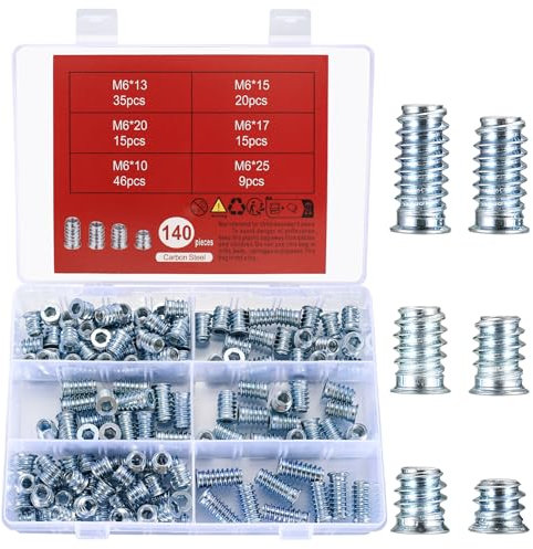 qxayxa Gewindeeinsatz Holz, 140 Stk M6 Einschraubmutter, Einschraubmuffen Gewindehülse, Innensechskant Muttern für Holz Möbel Einschraubmuttern