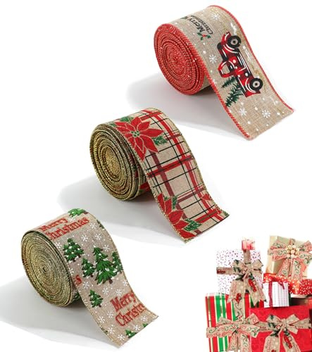 3 Stück Geschenkband Weihnachtsband, Breit Geschenkband Weihnachten, Weihnachtsbaum Band Draht, Weihnachtsbänder Schleifenband zum Geschenkpackung Verpackung,Vintage Christmas Satinband für Xmas Deko