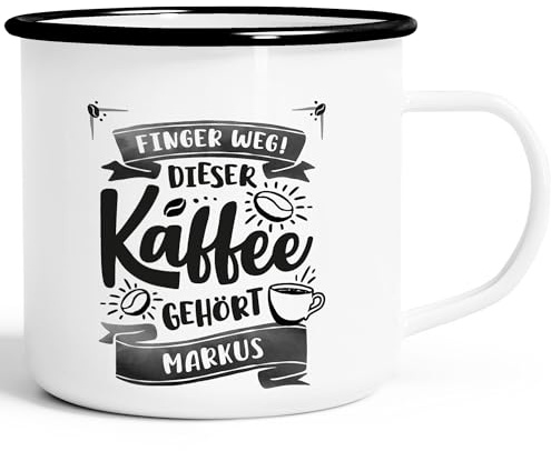 SpecialMe® Emaille-Tasse Spruch Finger Weg dieser Kaffee gehört Wunschname Geschenk Kaffeeliebhaber Bürotasse Vintage Emaille-weiss-schwarz standard
