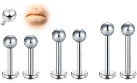 AVYRING 6 piezas de aretes de acero inoxidable Medusa con parte trasera plana, 16G 6/8/10mm de plata para tragus, cartílago, hélice, labio, aretes con bola de acero y CZ para mujeres y hombres