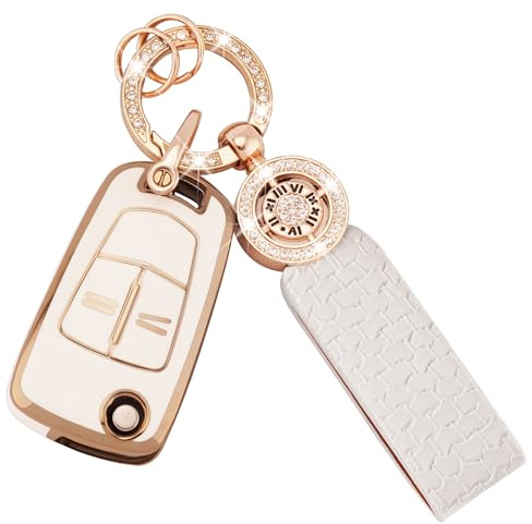 Autoschlüssel Hülle für Vauxhall Opel Zubehör 2 Tasten TPU Schlüsselhülle | für Vauxhall Opel Corsa Astra Vectra Zafira Signum Meriva Tigra Insignia Combo Schlüsselcover mit Schlüsselanhänger Weißgold
