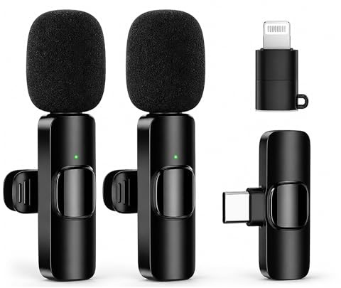 Wireless Lavalier Microphone 2 Pack, Clip On Mic for iPhone and Android, 2.4 GHz Mini Microphone with USB C and Lightning Receiver for Vlogging, Live Streaming and Interviews