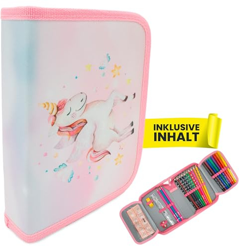 itenga Schüler-Etui 28 teilig gefüllt 1-Zipper Federmäppchen für Jungen und Mädchen (Einhorn)