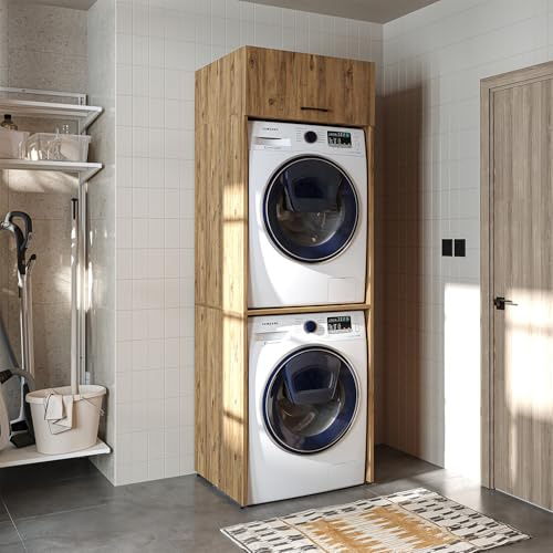 ROOMART Meuble pour machine à laver & sèche-linge, Étagère de salle de bain, HxLxP: 65x67x176