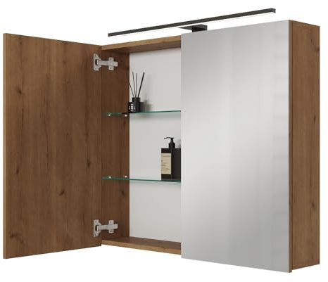 Planetmöbel ARIA Spiegelschrank Bad mit Beleuchtung 80 cm breit | Badschrank hängend mit Spiegel, Gold Eiche, mit Leuchte und Steckdose, Spiegelschrank Gäste WC 80 x 70 x 16 cm