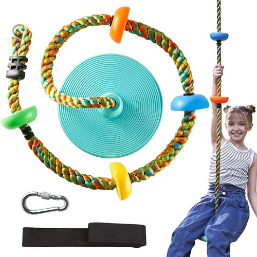 TURFEE Climbing Rope Tree Kids Swing with Platforms and Disc Swings Seat,Outdoor Indoor Backyard Playground Swingset Accessories Single Disk 6 Ft Outdoor Climbing Rope,Carabiner &4 Ft Tree Strap