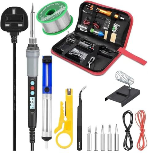 Lötkolben-Set, 90 W, einstellbare Temperatur, Lötkolben-Pistolen-Set, Lötwerkzeuge mit 5 Spitzen, Entlötpumpe, Lötdraht, Lötkolbenständer, Pinzette