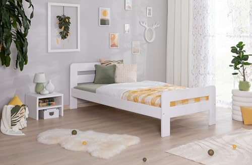 TiCAA Einzelbett Doppelbett Bert Kiefer Weiß aus Massivholz