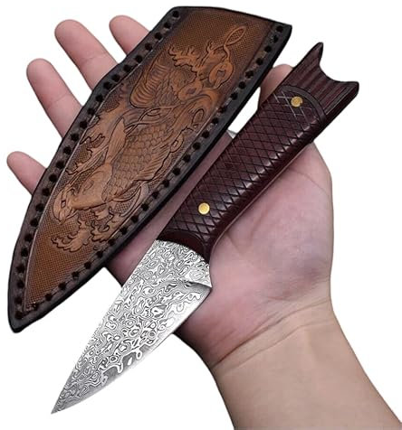 Obespina Couteau Acier Damas Carpe Koï Japonais Camping Lame Fixe Manche Bois Collection Cadeau Homme Suminagashi VG10 Camping EDC Table Buscraft Artisanat Forgé Étui Cuir Randonnée